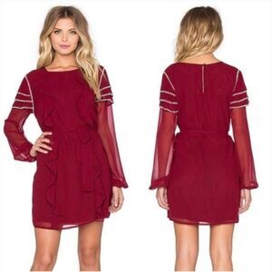 Tularosa Dress Maroon Burgundy Bowie Beaded Long Sleeve Ruffle Mini Sheer Sz M